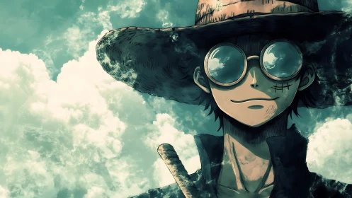 Straw hat wanderer with mirrored sky lenses stands calm.