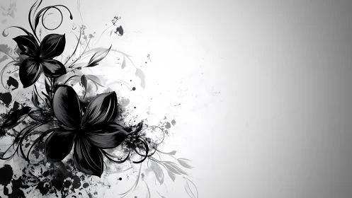 Black Flowers with Ink Splash Composition.