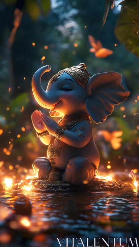 Gentle baby elephant deity glowing in a forest of light.