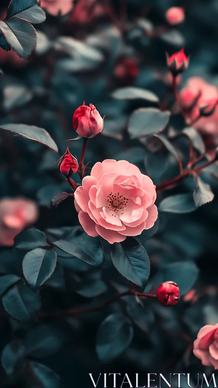 Pink Garden Roses with Teal Foliage Against Dark Background.