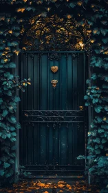Enchanted iron garden door glows amid teal ivy and gold leaves