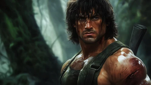 Battle-hardened jungle warrior stands tense in misty forest