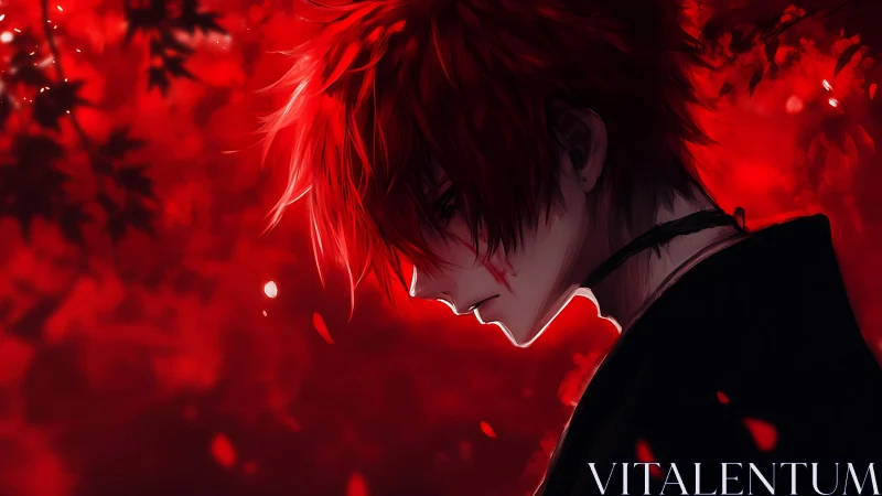 Silent red dusk with a lone, thoughtful anime wanderer.