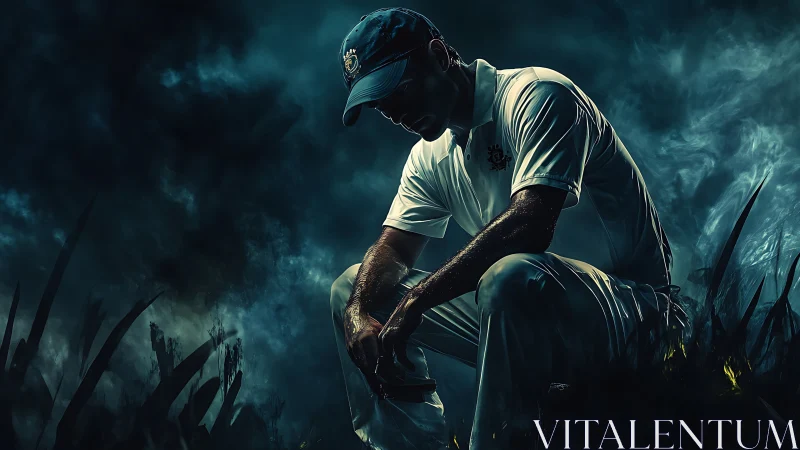 Cricket player in white uniform sits in a low crouched pose