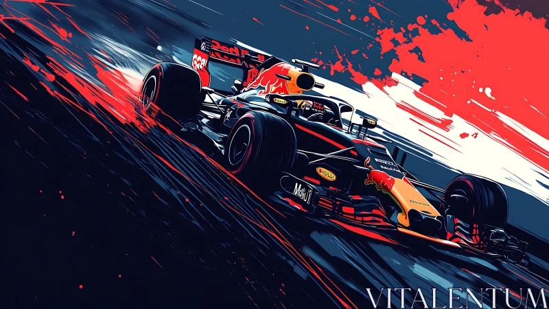 High-contrast vector render of Formula racing car in dynamic motion