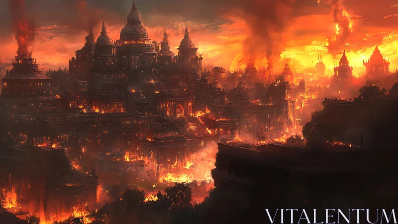 Apocalyptic Inferno: Burning Metropolitan Fortress in Ruins.