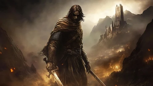 Brooding warrior before burning valley and distant citadel.