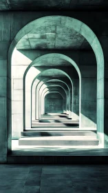 Concrete arch corridor repeats into soft teal distance