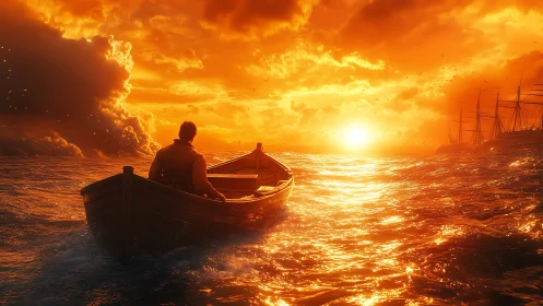 Lone rowboat advances toward a blazing, hopeful sunset at sea