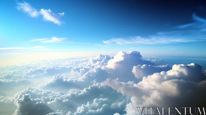 Sunlit cumulus sea beneath expansive cerulean sky.