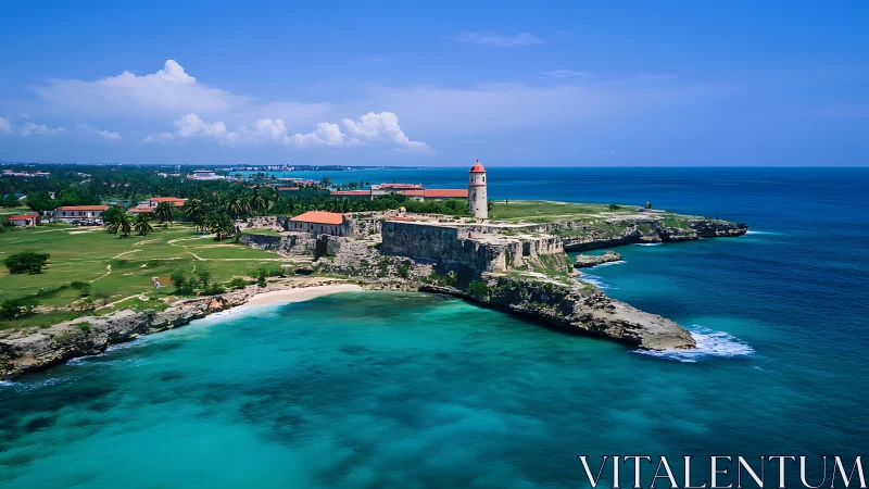 Fortress Lighthouse Coastal Cove Caribbean Aerial Perspective.