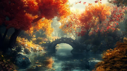 Stone bridge over river in vivid autumn forest scene.
