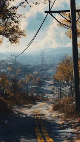 Lonely rural road winds through misty, autumn valley landscape.