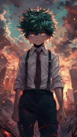 Fierce green haired hero glowing against a burning skyline.