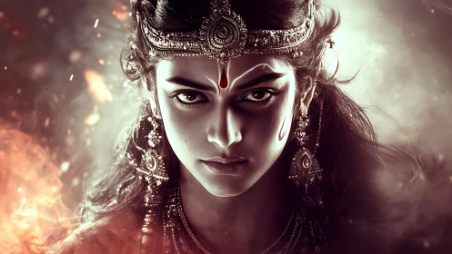 Intense goddess portrait with fiery bokeh, ornate jewelry and harsh rim light