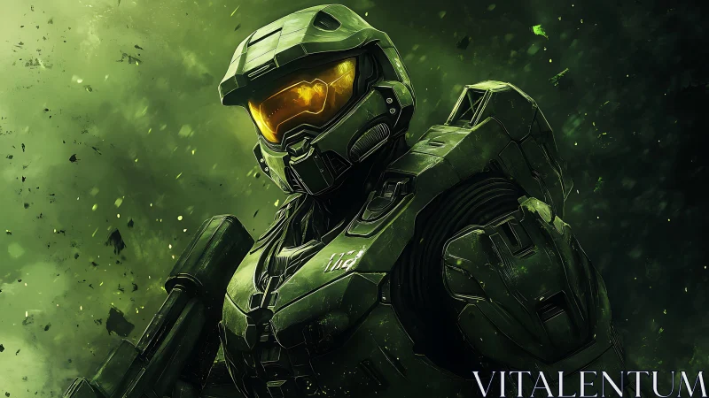 Armored sci fi supersoldier in green exosuit amid debris field