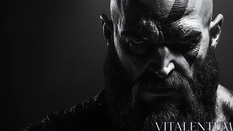 Digital portrait shows bald bearded male figure in hard light