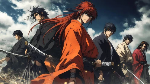 Samurai swordsmen group in dynamic outdoor formation.