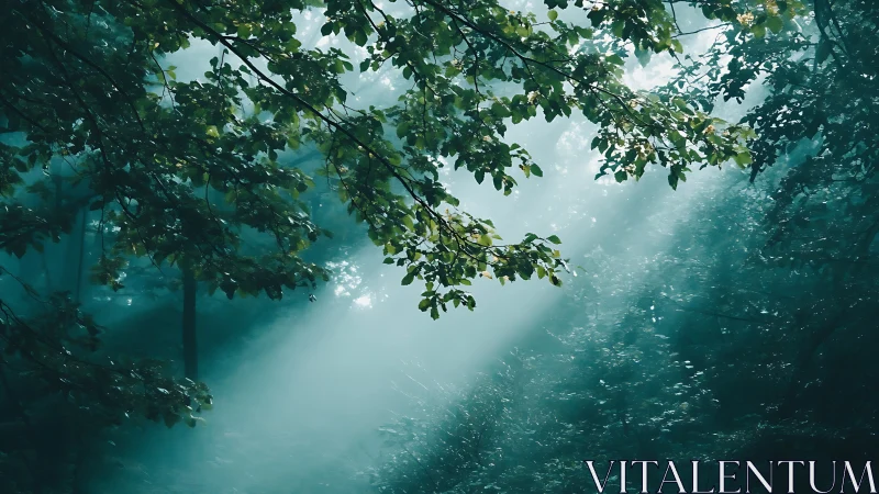 Sunlight filtering through dense forest canopy with mist