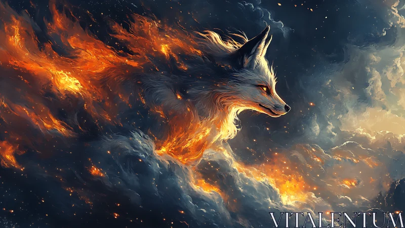 Fiery celestial fox emerges from swirling cosmic clouds.