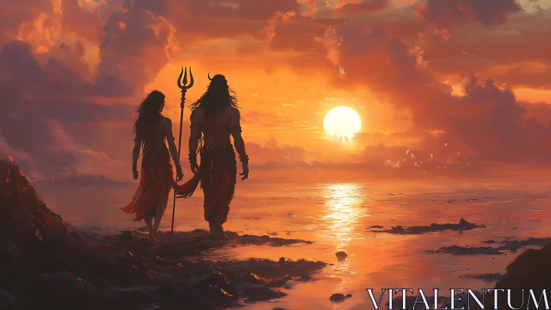 Sunset deities stride across a glowing ocean horizon.