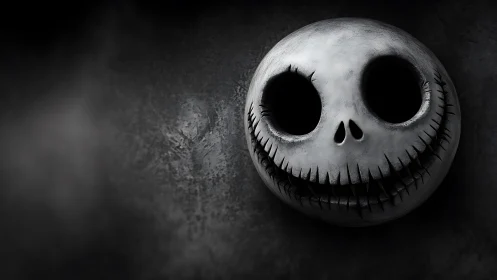 Grinning skull face emerges from textured darkness in profile