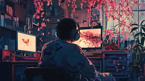 Solitary creator works by glowing screens under soft blossoms