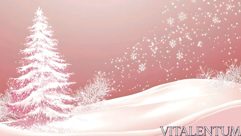 Iridescent winter fir over pastel snowdrifts and flakes.