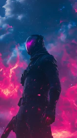 Neon void ranger strides through cosmic firestorm skies.
