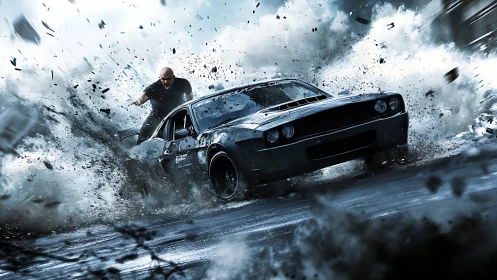 Muscle car drifts through debris field with driver exposed