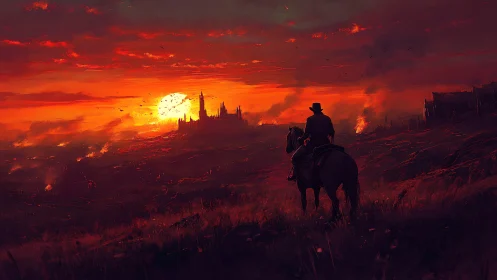 Lone rider watches a burning city beneath a fierce sunset.