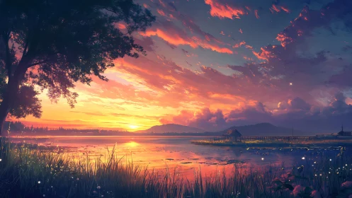 High-saturation lakeside sunset with atmospheric perspective and depth