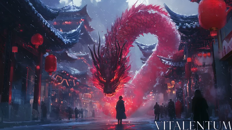 Red serpentine dragon form intersects winter urban street scene