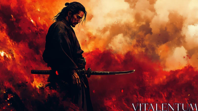 Lone samurai profile against infernal firestorm sky, katana drawn
