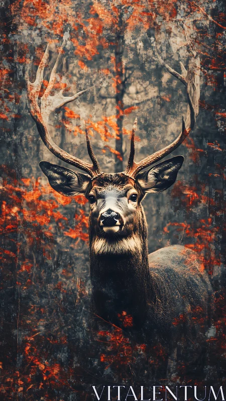 Stag of embered leaves standing tall in haunted autumn hush.