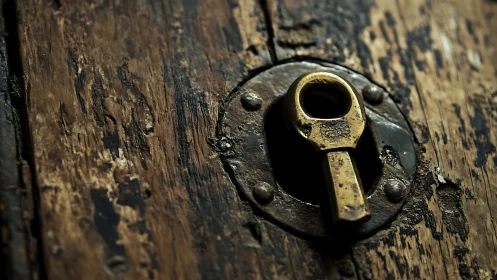 Old brass key in worn wooden door lock, close-up study.