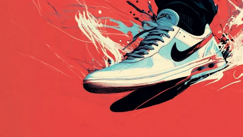 Dynamic sneaker in motion bursts across bold red canvas