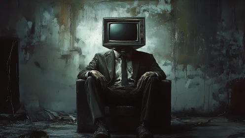 CRT-headed figure in decayed interior, analog identity study.