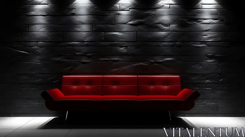 Red modern sofa under directional spotlights on slate wall