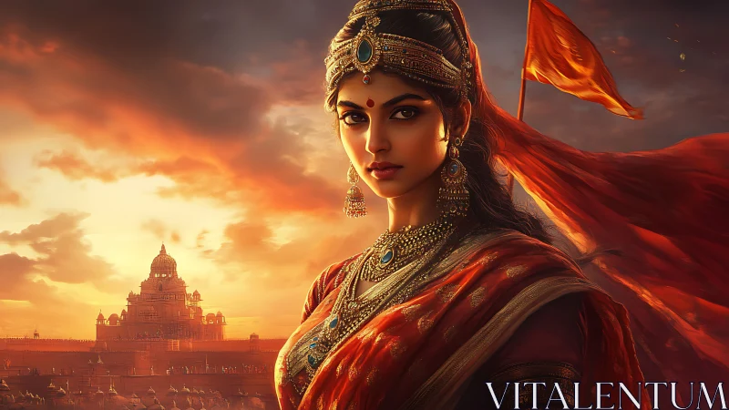 Warrior queen stands before temple at blazing sunset.
