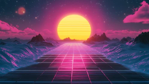 Neon sun dominates a retro-futuristic synthwave seascape horizon.