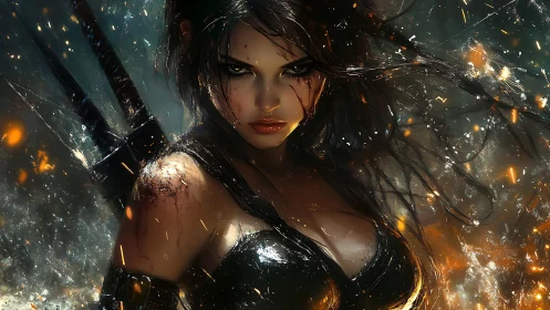 Battle-worn warrior woman amid dynamic sparks and rain streaks