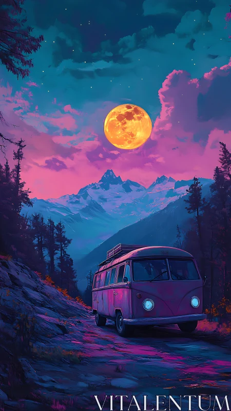 Moonlit mountain road trip with a dreamy pink van.