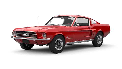 Classic red Mustang fastback glowing with timeless charm.