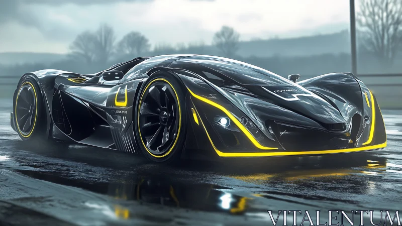 Futuristic black hypercar with neon yellow aerodynamic accents.