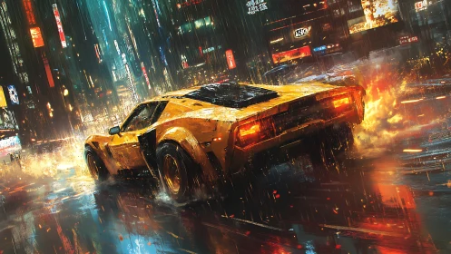 Neonstorm supercar tears through rainlit cybercity streets.