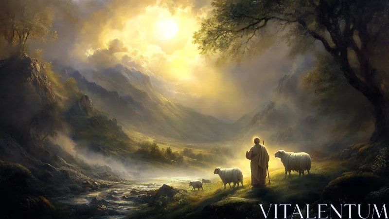 Shepherd guides sheep through glowing mountain valley light