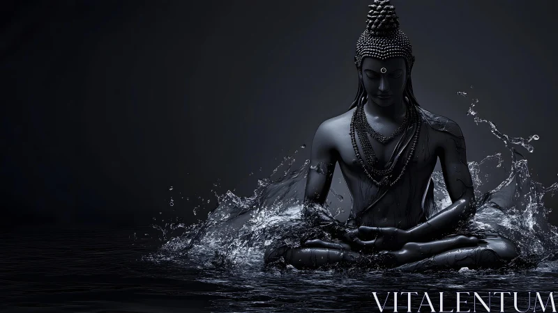 Serene Buddha Statue in Dark Water with Splash Effect, Digital Art.