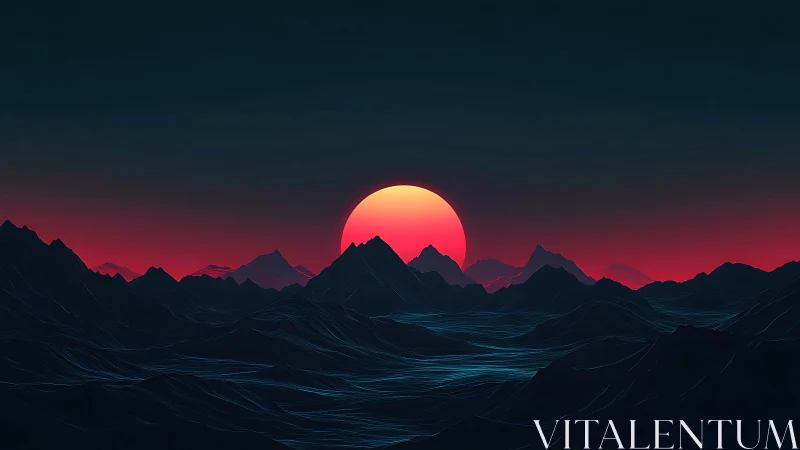 Neon horizon over low-poly mountains with stylized red sun