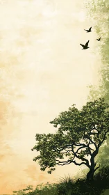 Gentle hillside tree with birds gliding through soft sky.